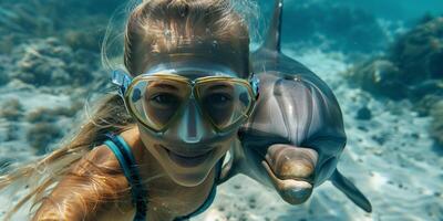 ai gegenereerd vrouw snorkelen met dolfijn foto