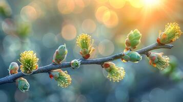 ai gegenereerd dichtbij omhoog van een boom Afdeling met bloemknoppen foto