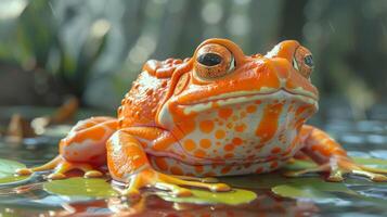 ai gegenereerd een kikker met huid dat looks Leuk vinden de helder, uitnodigend segmenten van een mandarijn- oranje, kwaken Aan een rivierbed, foto