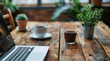 ai gegenereerd laptop computer Aan houten tafel foto