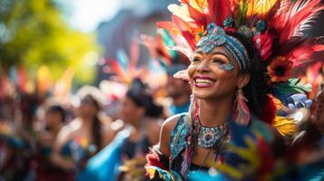 ai gegenereerd levendig straat festival met cultureel optredens en ambachten foto