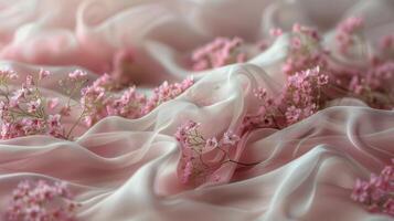ai gegenereerd dichtbij omhoog van roze bloemen Aan wit kleding stof foto