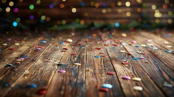 ai gegenereerd detailopname van houten tafel met confetti foto