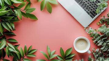 ai gegenereerd laptop computer en koffie kop Aan tafel foto