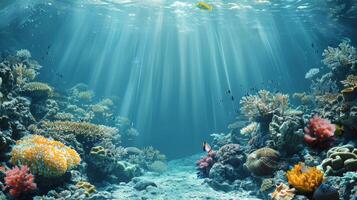 ai gegenereerd zonnestralen verlichten koraal rif onderwater- foto