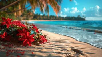 ai gegenereerd rood bloemen geregeld Aan zanderig strand foto