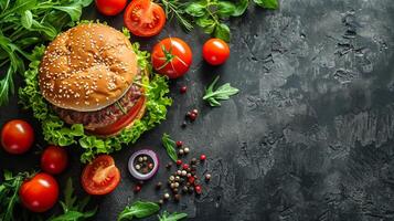 ai gegenereerd sappig Hamburger met sla, tomaten, en groenten foto