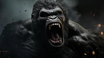 ai gegenereerd stoutmoedig portret van een gorilla beukende haar borst, een Scherm van sterkte en uitdaging foto