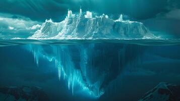 ai gegenereerd ijsberg evolueert in een kristal paleis onder de oceaan foto