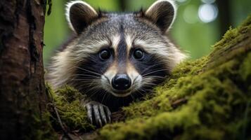 ai gegenereerd detailopname van een wasbeer gezicht in de Woud, innemend dieren in het wild stuiten op foto