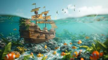 ai gegenereerd een piraat schip onderwater- met vis bemanning, tekenfilm 3d foto