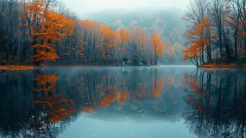 ai gegenereerd water lichaam omringd door bomen met oranje bladeren foto