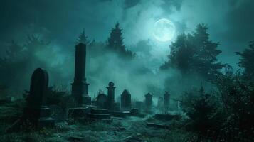 ai gegenereerd maanlicht begraafplaats met mist en oude grafstenen foto