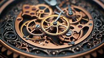 ai gegenereerd detailopname van een wijnoogst uurwerk mechanisme, ingewikkeld versnellingen, steampunk uitstraling foto