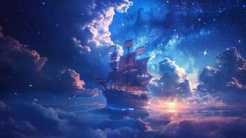 ai gegenereerd een spookachtig schip het zeilen in de wolken onder de sterren foto