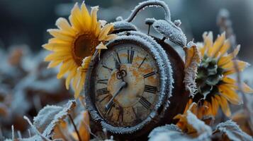 ai gegenereerd met vorst bedekt klok en verwelkt zonnebloemen, symboliseert vluchtig tijd foto
