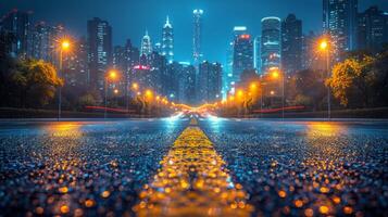 ai gegenereerd stad straat Bij nacht met geel lijn foto