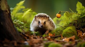 ai gegenereerd egel kuieren door Woud kreupelhout, dieren in het wild in detail foto