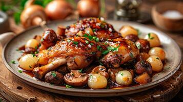 ai gegenereerd een fijnproever bord van coq au vin met champignons en parel uien foto