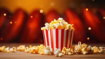 ai gegenereerd popcorn emmer met 3d bioscoop effect, ruimte voor tekst foto