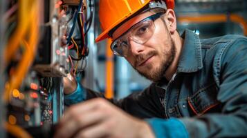 ai gegenereerd industrieel elektricien installeren zware uitvoering elektrisch systemen foto