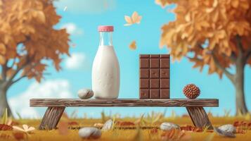 ai gegenereerd cartoon-stijl melk fles en chocola bar genieten van een wip in een park foto