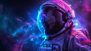 ai gegenereerd artistiek vertegenwoordiging van een astronaut in blauw en Purper licht kunst Aan zwart foto