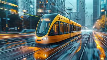 ai gegenereerd tram inhalen in stadsgezicht, dynamisch beweging effect bereikt met achterzijde gordijn synchroniseren, redactioneel foto