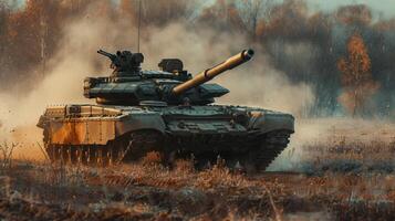 ai gegenereerd tank inhalen in een veld- oefening, dynamisch beweging effect met achterzijde gordijn synchroniseren, redactioneel foto