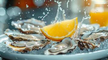 ai gegenereerd een schotel van vers oesters wezen bespat met een wig van citroen foto