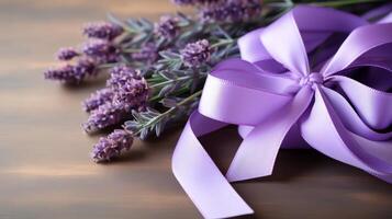 ai gegenereerd detailopname van een lavendel lint, vertegenwoordigen allemaal kankers foto