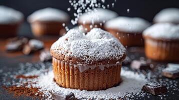 ai gegenereerd een delicaat chocola soufflé met een Afstoffen van gepoederd suiker foto