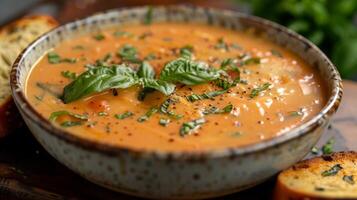 ai gegenereerd een kom van romig tomaat basilicum bisque met een kaasachtig crostini foto