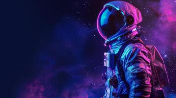 ai gegenereerd artistiek vertegenwoordiging van een astronaut in blauw en Purper licht kunst Aan zwart foto