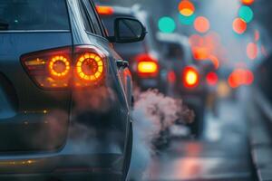 ai gegenereerd vervoer reizen verkeer jam Aan wegen met lucht vervuiling, rook van auto uitlaat pijpen. foto