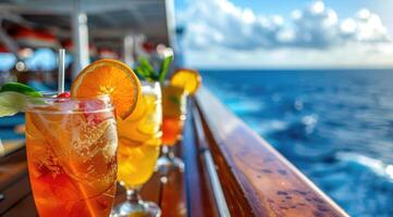 ai gegenereerd cocktails Aan een reis schip in de zomer. foto