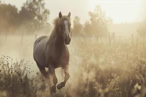 ai gegenereerd mooi ras paard rennen in de veld- in zomer foto