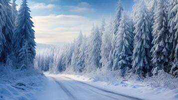 ai gegenereerd besneeuwd winter weg in een berg Woud. mooi winter landschap. foto