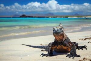 ai gegenereerd marinier leguaan Aan galapagos eilanden strand. foto