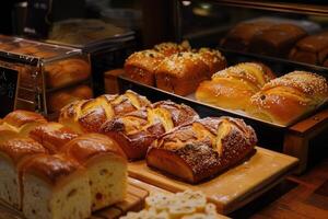 ai gegenereerd geassorteerd bakkerij producten inclusief broden van brood en broodjes. foto