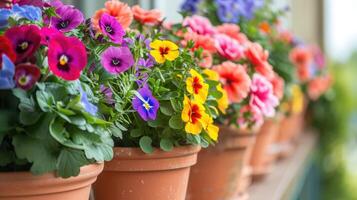 ai gegenereerd kleurrijk bloemen groeit in potten Aan de balkon. foto