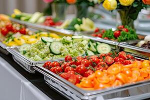 ai gegenereerd catering maaltijden bereid voor gasten Bij een bruiloft of hotel diner. gezond salades en andere groenten. foto