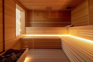 ai gegenereerd leeg Fins sauna kamer modern interieur van houten spa cabine met droog stoom. foto