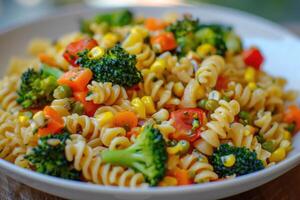 ai gegenereerd pasta fusilli met broccoli, wortel, maïs, en tomaten. foto