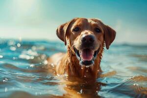 ai gegenereerd gelukkig puppy hond spelen in de water, zwemmen, genieten van vakantie vakantie Aan heet zonnig dag. foto
