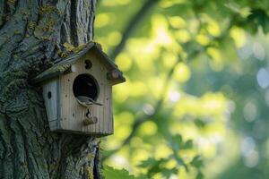 ai gegenereerd houten vogel huis Aan de boom foto