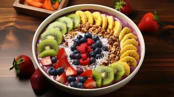 ai gegenereerd acai kom versierd met levendig toppings foto