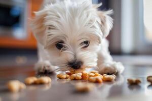 ai gegenereerd visie van hond aan het eten voedsel van een schaal. foto