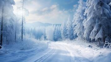 ai gegenereerd besneeuwd winter weg in een berg Woud. mooi winter landschap. foto