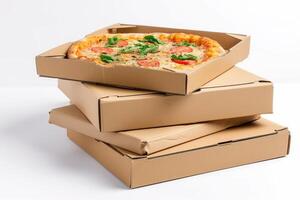 ai gegenereerd catering dozen, bakkerij dozen, Gesloten pizza dozen, en voedsel dozen, Aan een wit achtergrond. foto